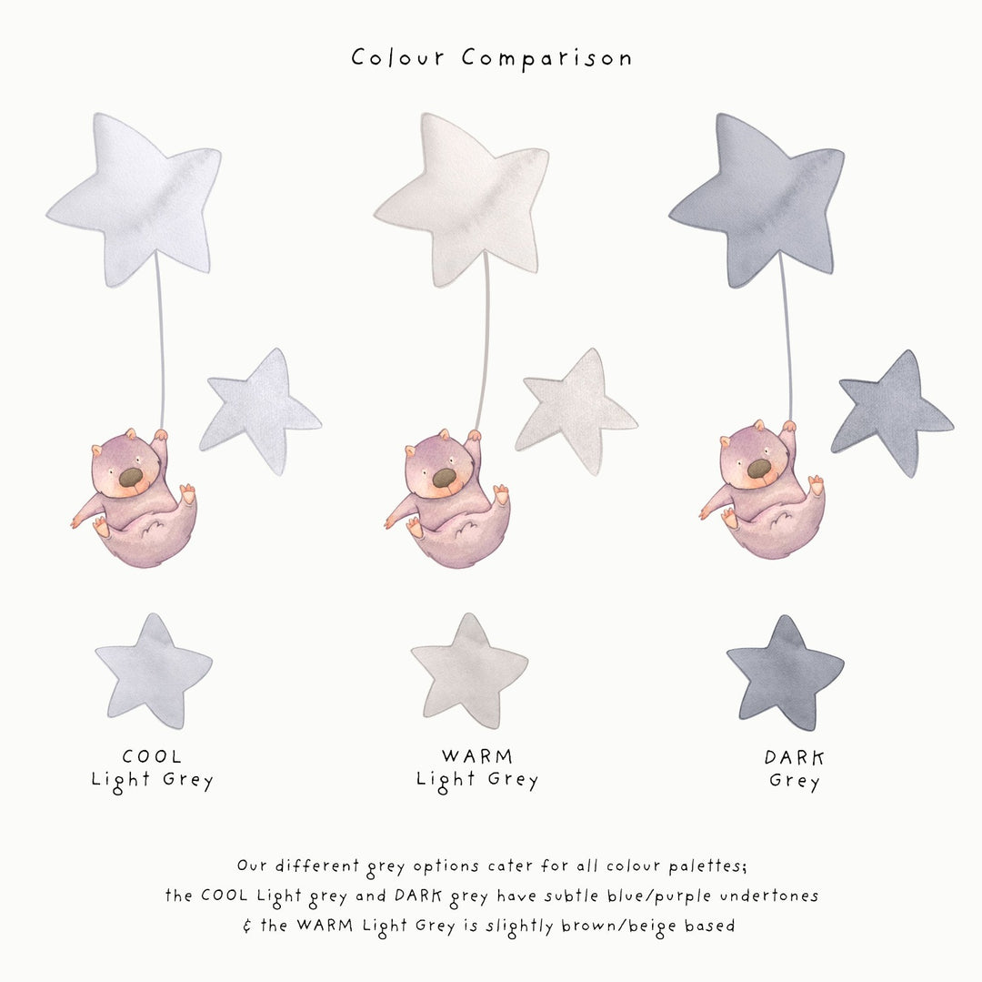 Colour comparison of the different grey options for the Australian Animal decal set from Little Tall Tales