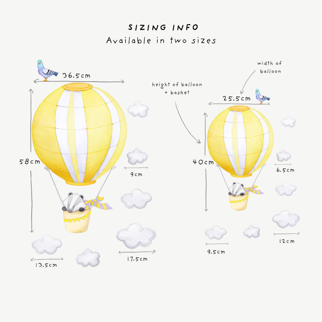 Size infographic for a badger in hot air balloon decal