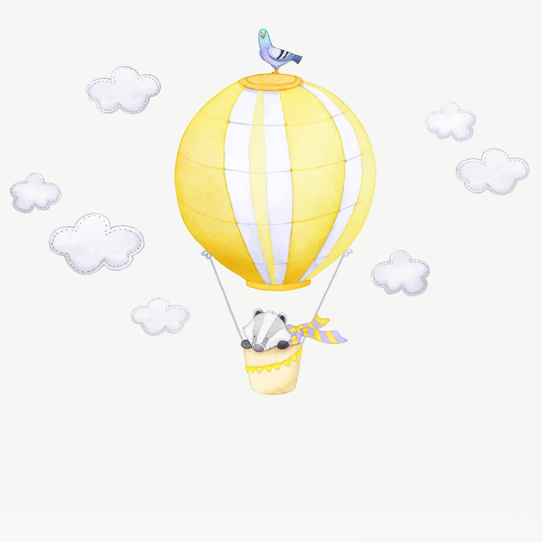 Wall decals with badger in a yellow hot air balloon with stripes  for children