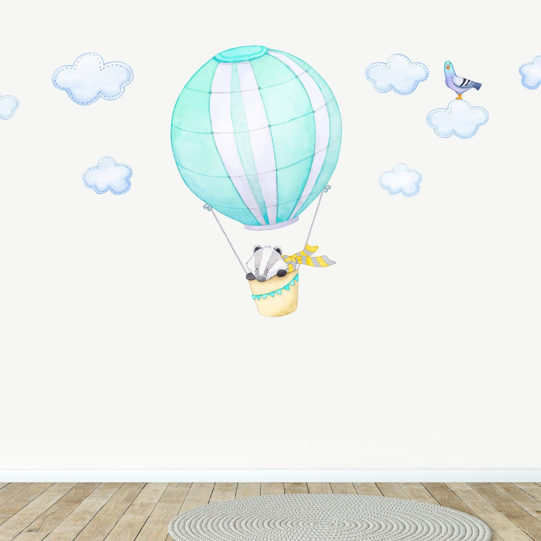 Wall decals with badger in a mint hot air balloon with stripes  for children