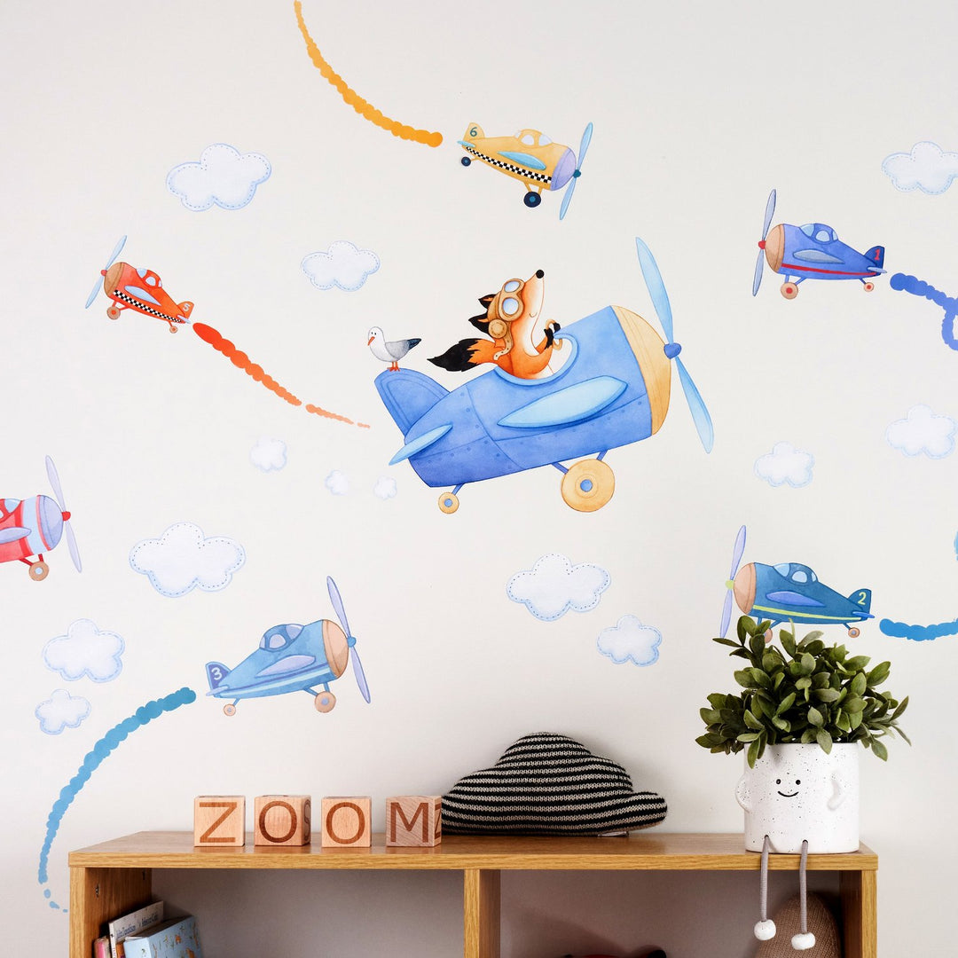 Fox Airplane Repositionable Wall Decal in Blue, smaller stunt planes