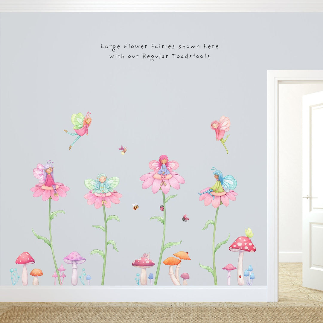 Fairy wall decals on large daisy like flowers in a modern neutral interior