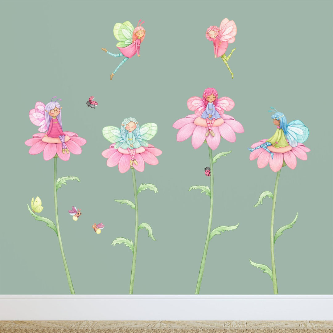 Flower Fairy Wall Decals for Little Girls, Pink Flowers