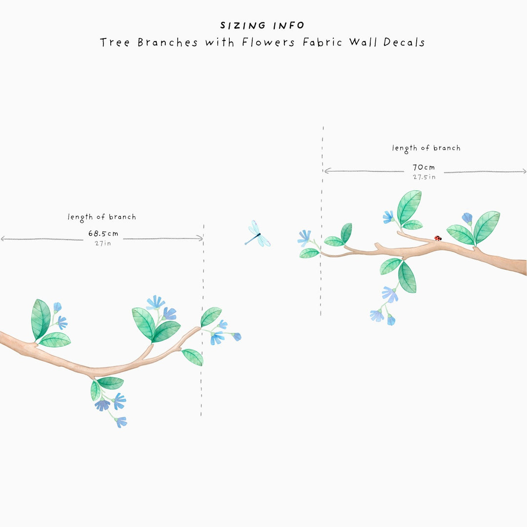 Flower tree wall decals, blue, sizing information