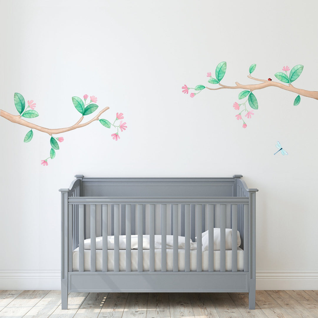 flowery branches wall stickers, nursery, above cot, pink