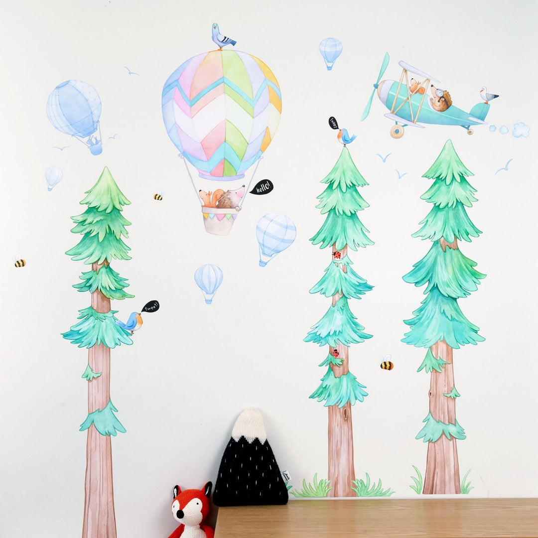 Hedgehog in Hot Air Balloon Wall Decals, Airplanes, Pine Tree Childrens Room