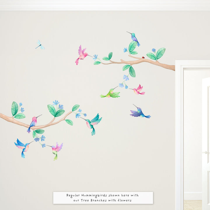 Fabric Wall Decals, Hummingbirds with Branches and Blue Flowers, Regular