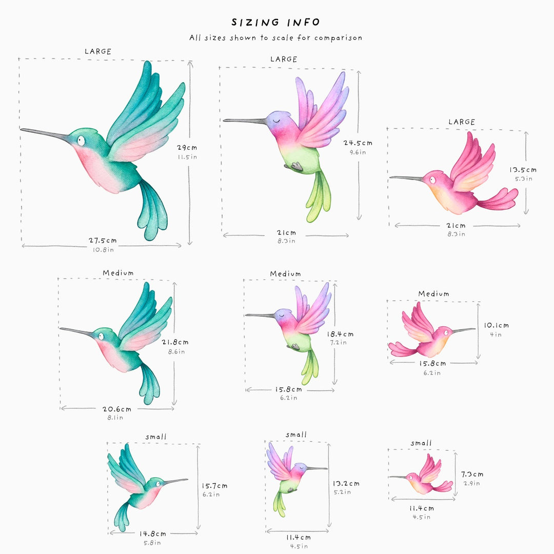 Hummingbird fabric decals, sizing information, playrooms and bedrooms