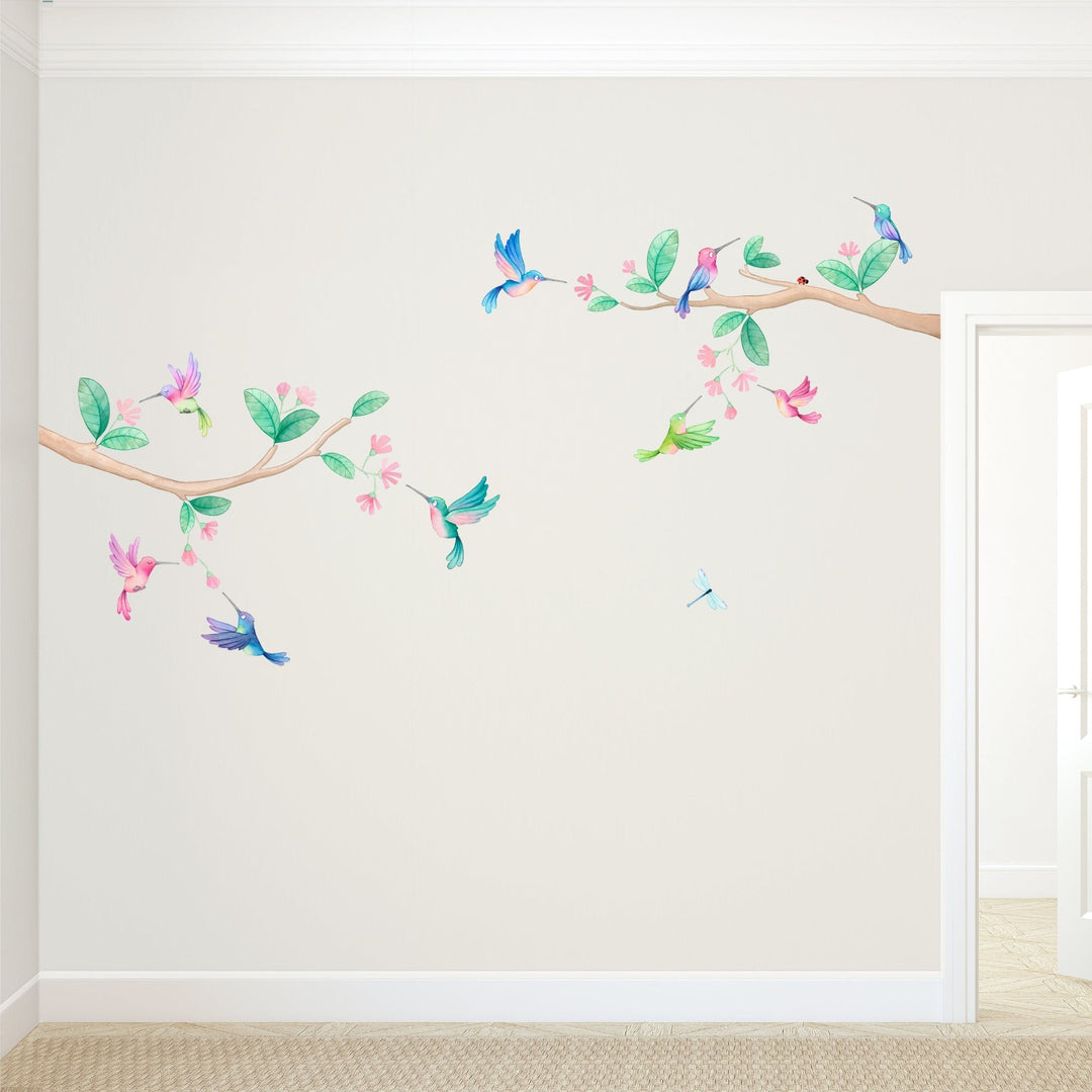 Tree branches, hummingbirds regular, pink flower children's wall decals