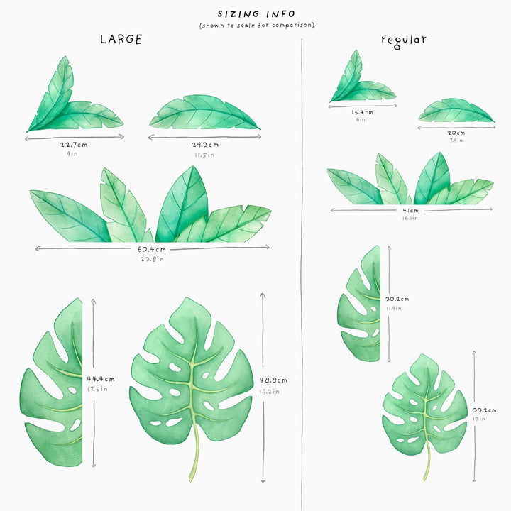 Jungle leaf wall decals, sizing, kids room decor