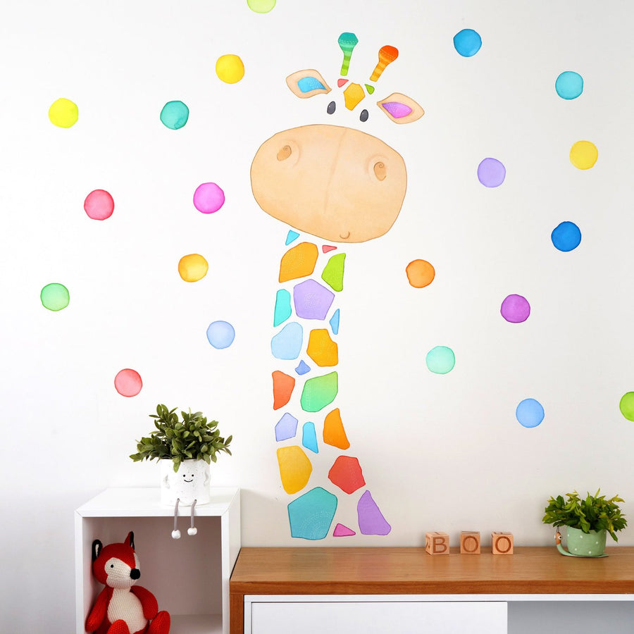 Fun children's wall decals of a giraffe and watercolour dots in bright rainbow colours