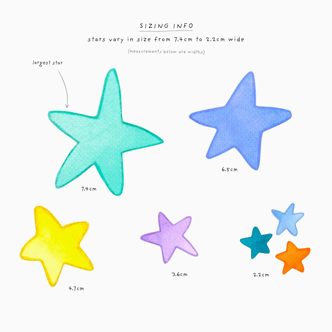 Rainbow stars repositionable wall stickers, sizing information