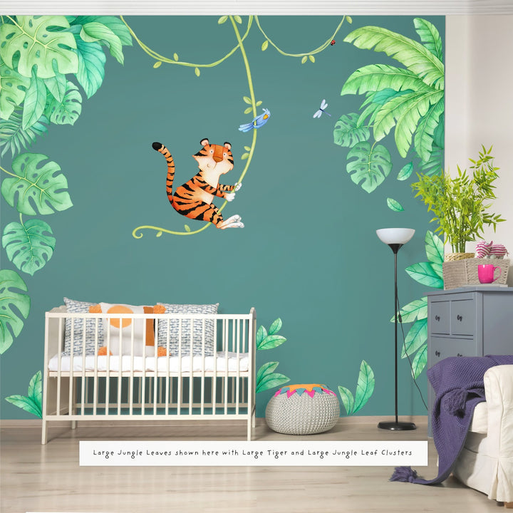 Jungle tiger simple leaves wall decals, teal wall, nursery, above cot