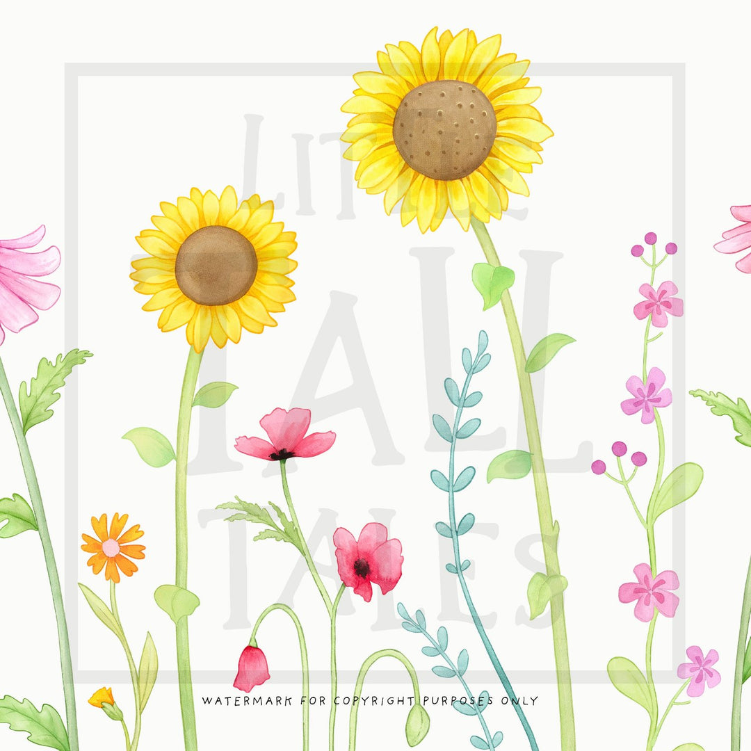 Wildflower wall decals close up, sunflowers, poppies