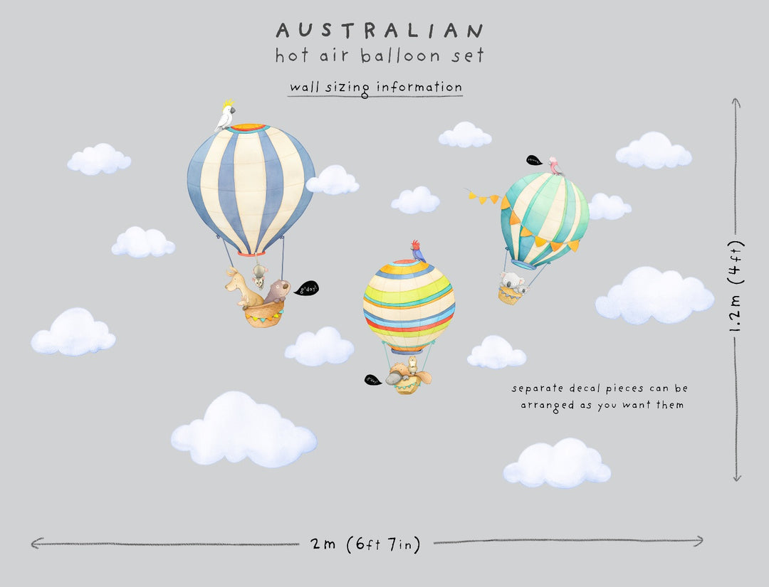 Sizing information about the Australian Animal Hot Air Balloon decal set from Little Tall Tales
