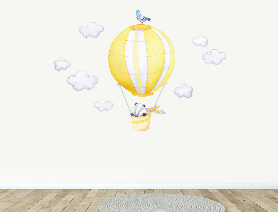 Badger in Hot Air Balloon wall decal in yellow