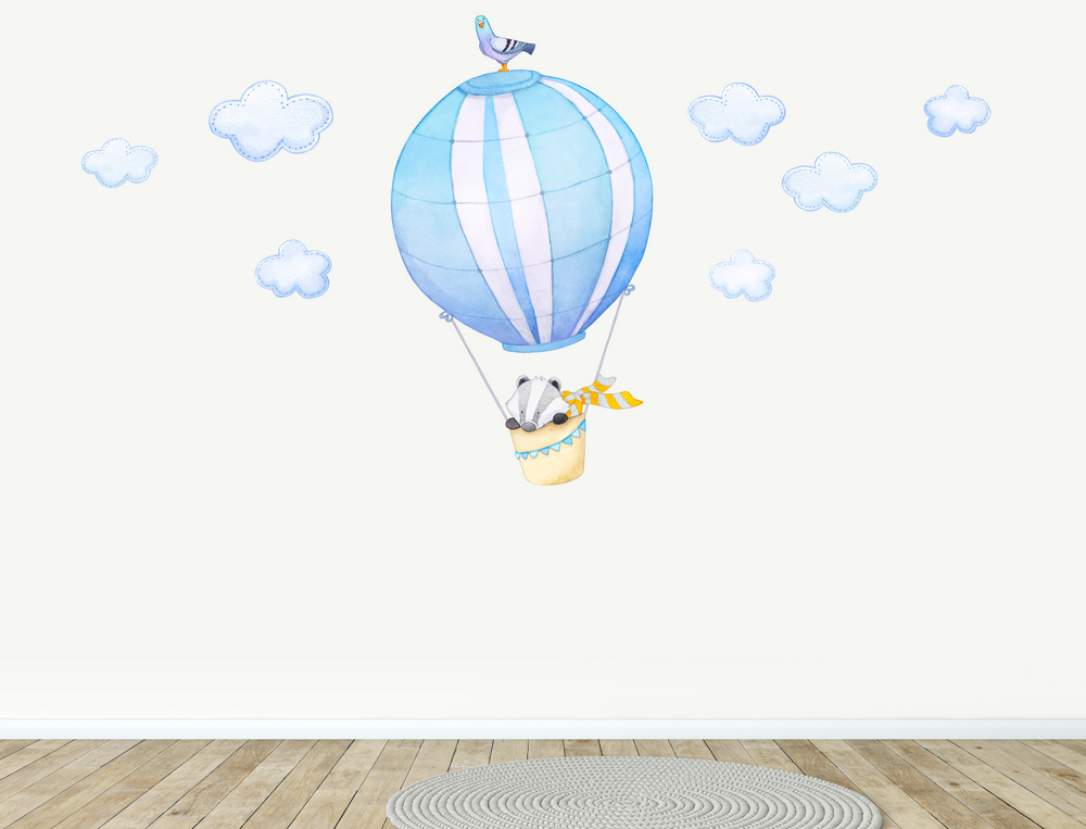 Badger in Hot Air Balloon wall decal in blue