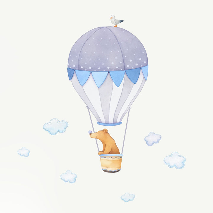 A bear in a hot air balloon handpainted wall decal in blue