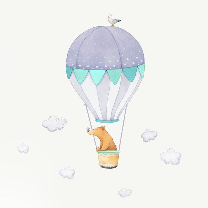 Fabric wall decal of a bear in hot air balloon with a butterfly on his nose