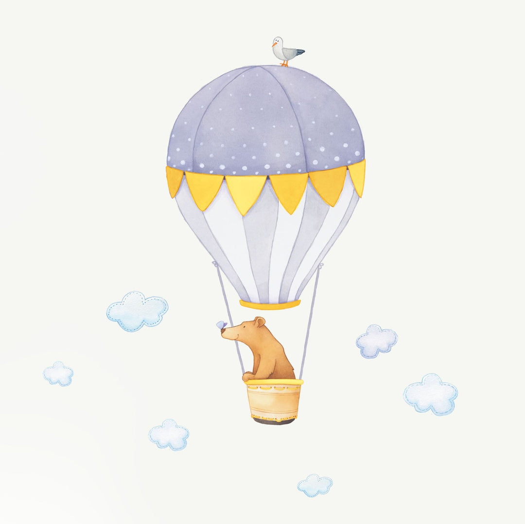 High quality wall sticker, bear in yellow hot air balloon