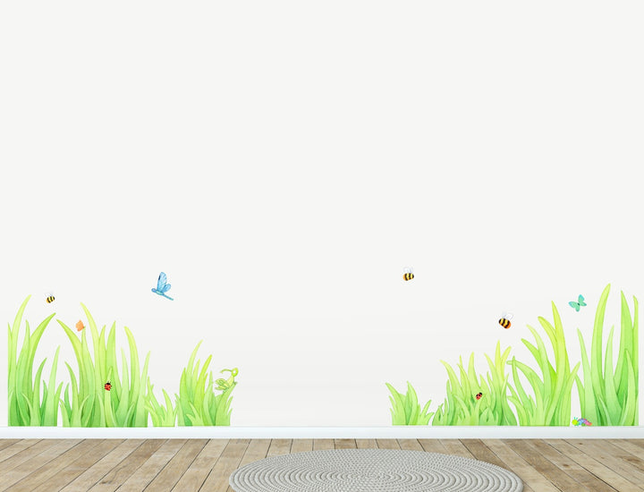 Watercolour Grass Fabric Wall Decals with insects, corner set
