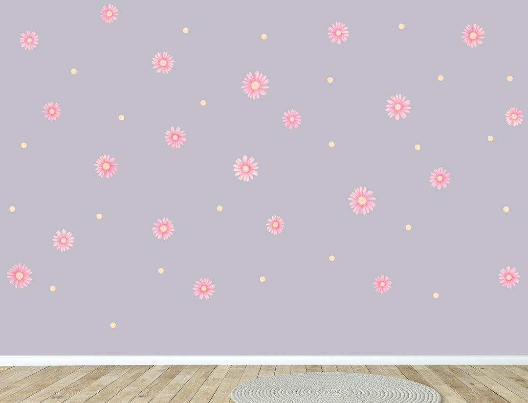 Pink daisy wall decals for babies and children, with peach dots