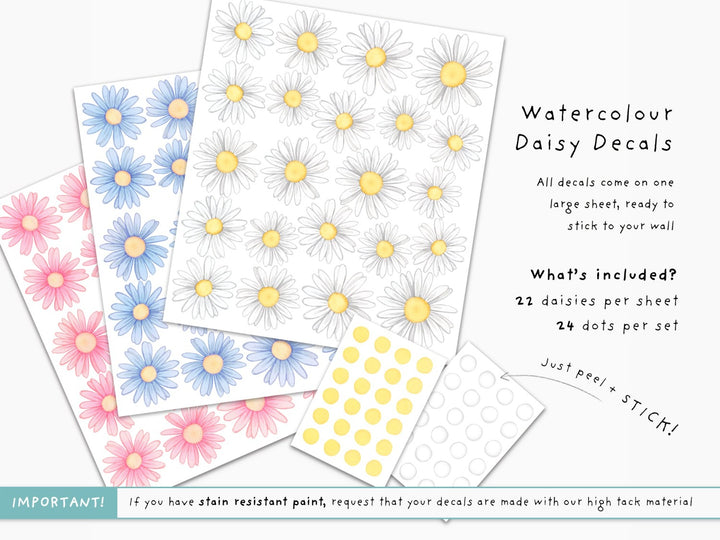 Daisy wall decals from little tall tales, set information, colour options