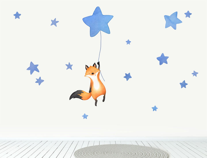 Fox floating on star fabric wall decals for play room, dark blue