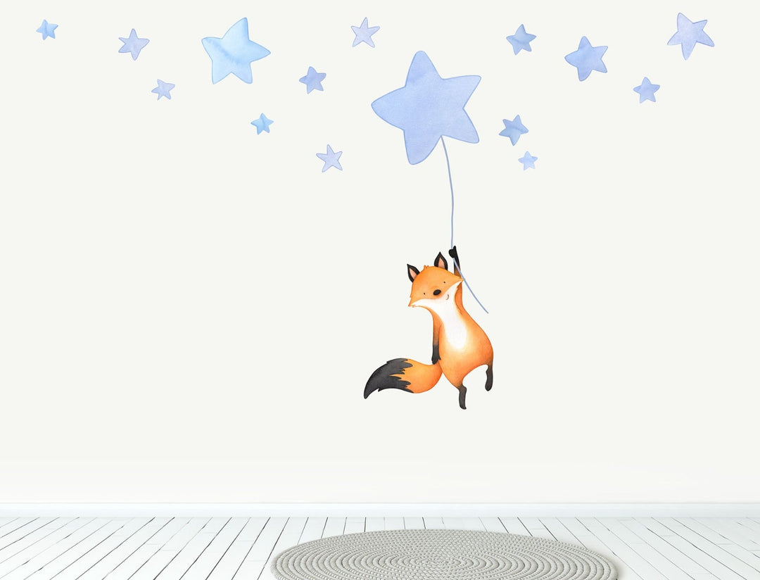 Fox wall decal for kids with star balloon in light blue