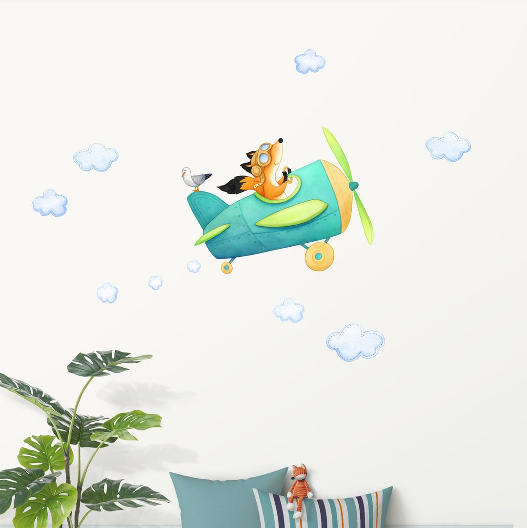 Green Fox Airplane wall decals for kids room, nursery