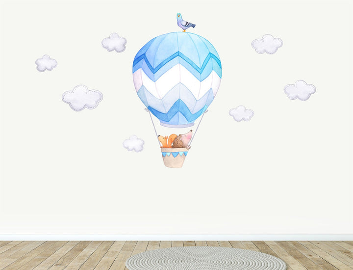 Hedgehog in Hot Air Balloon Fabric Wall Decal, Blue