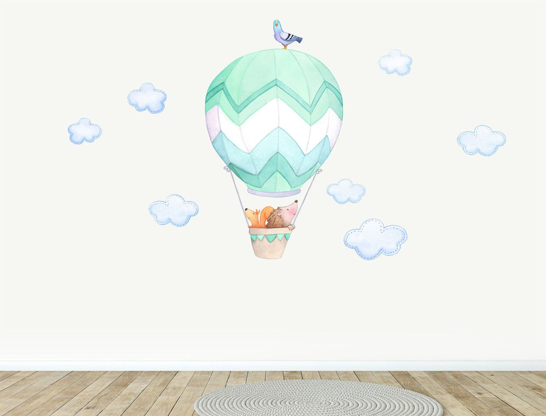 Mint Hot Air Balloon Wall Stickers, Hedgehog and Squirrel, Blue Clouds