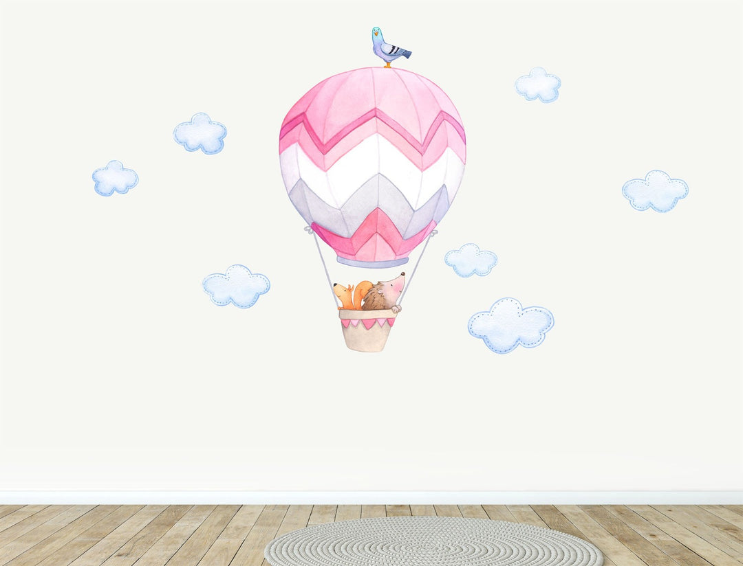 Pink Hot Air Balloon Repositionable Wall Decals, Hedgehog and Squirrel
