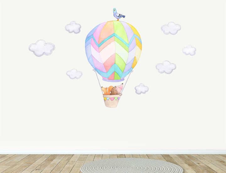 Rainbow Hot Air Balloon Fabric Wall Decals, Hedgehog and Squirrel