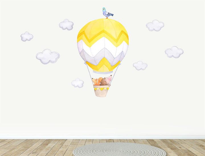 Hedgehog and Squirrel Yellow Hot Air Balloon Fabric Wall Decal, Nursery