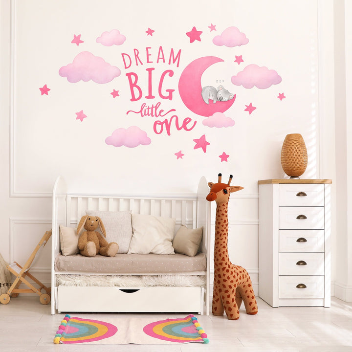 Koala Moon Wall Stickers with Dream Big Little One Quote in pink with pink clouds