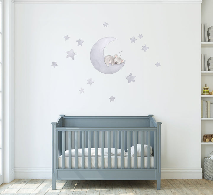 Koala Moon and Stars Wall Stickers for Baby Room, Light Grey Above Cot