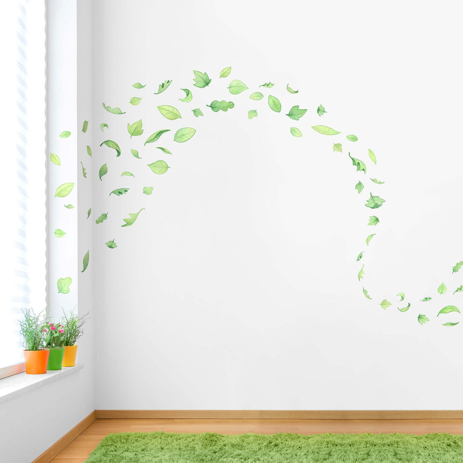 Hand Painted Green Leaf Decals for children, caught in the wind