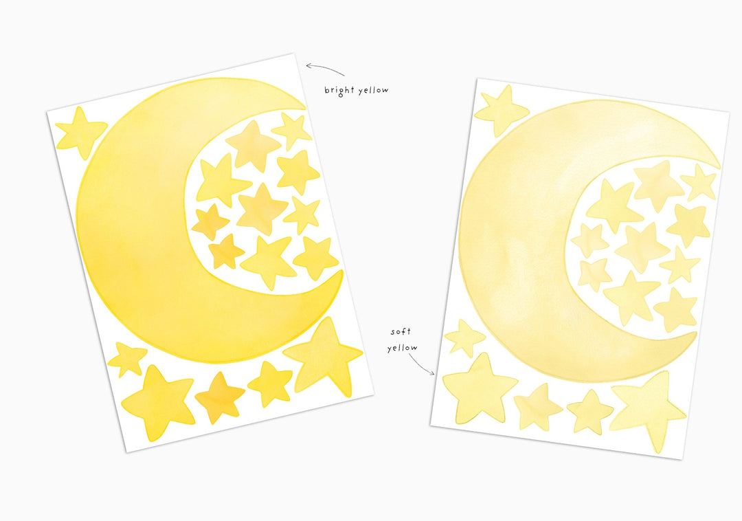 Moon and stars wall decals, soft and bright yellow colour options