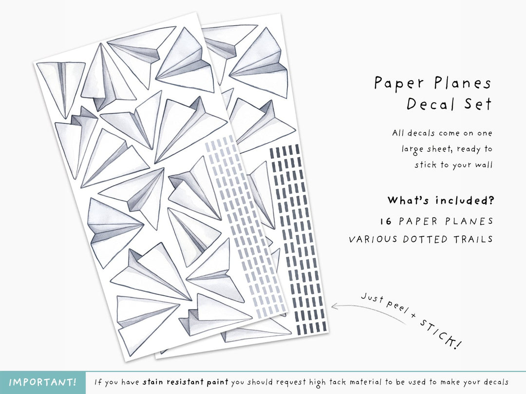 Grey Paper plane decals, repositionable decor for children