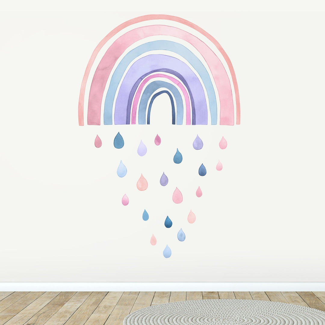 Pastel Rainbow with Rain drops fabric wall decals for little girls room