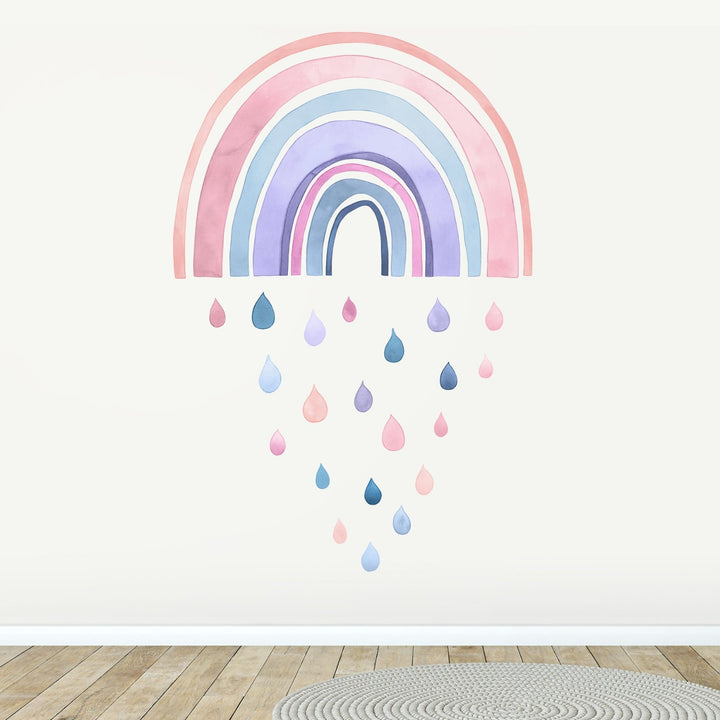 Pastel Rainbow with Rain drops fabric wall decals for little girls room
