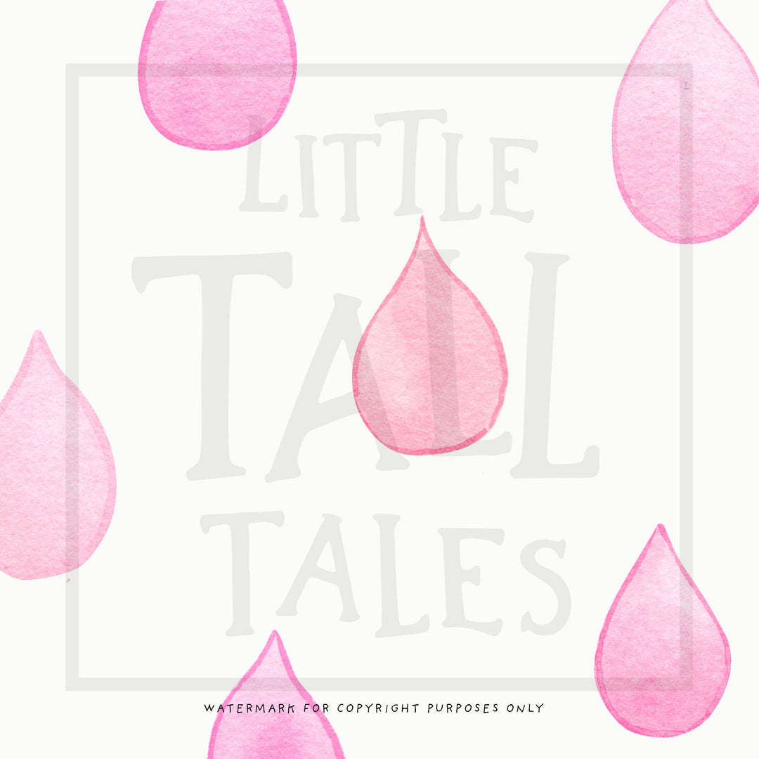 Raindrop wall decal pink watercolour, close up, little tall tales