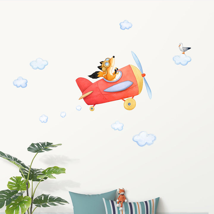 Red Plane Wall Sticker with Fox as Pilot, Sky scene blue clouds
