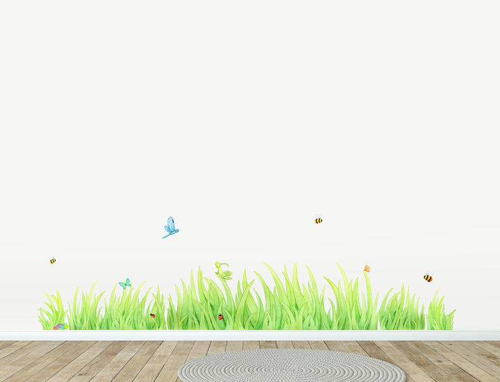 Hand Painted Grass Wall Decals for Kids, Bees and Butterflies, Regular