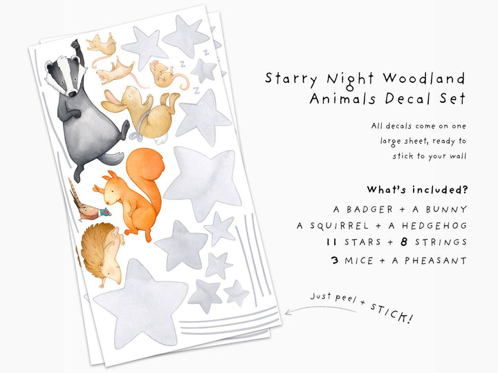 starry night woodland animals decal, set info, peel and stick