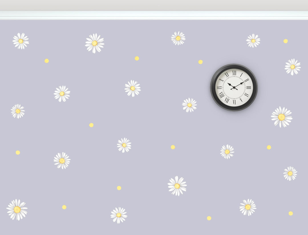 White daisies wall decals, soft lilac grey with yellow dots