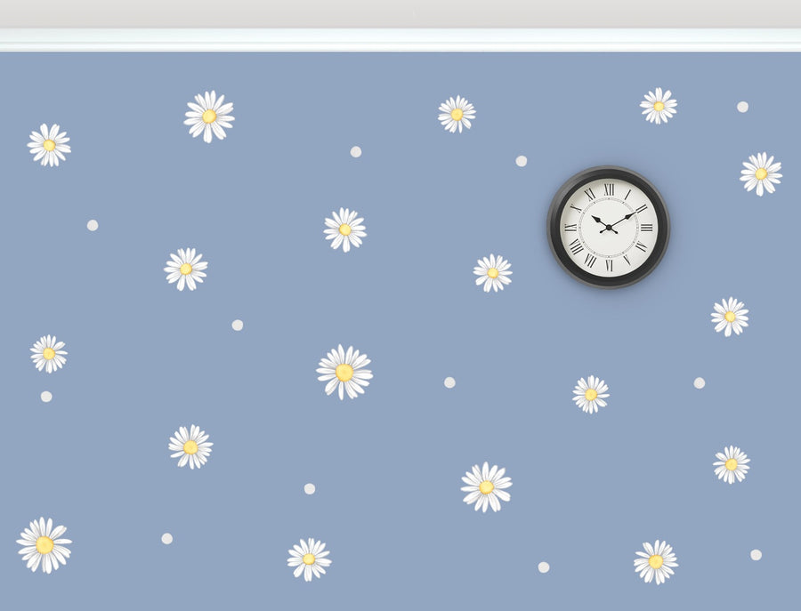white watercolour daisies, fabric wall decals with soft grey dots