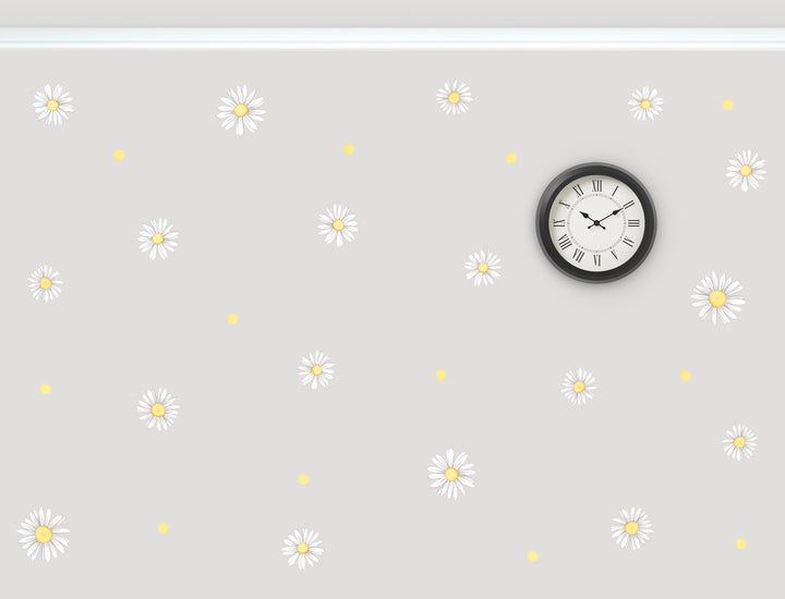 White daisies wall decals, yellow dots on a light grey kids room wall