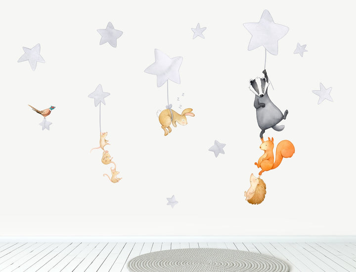 Woodland animals night time wall decals, large, light grey, nursery